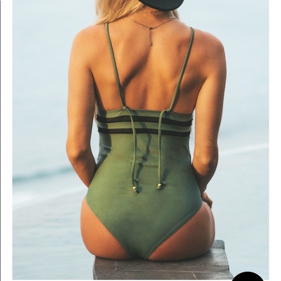 Army Green Mesh One-Piece Swimsuit - Picture 2 of 5